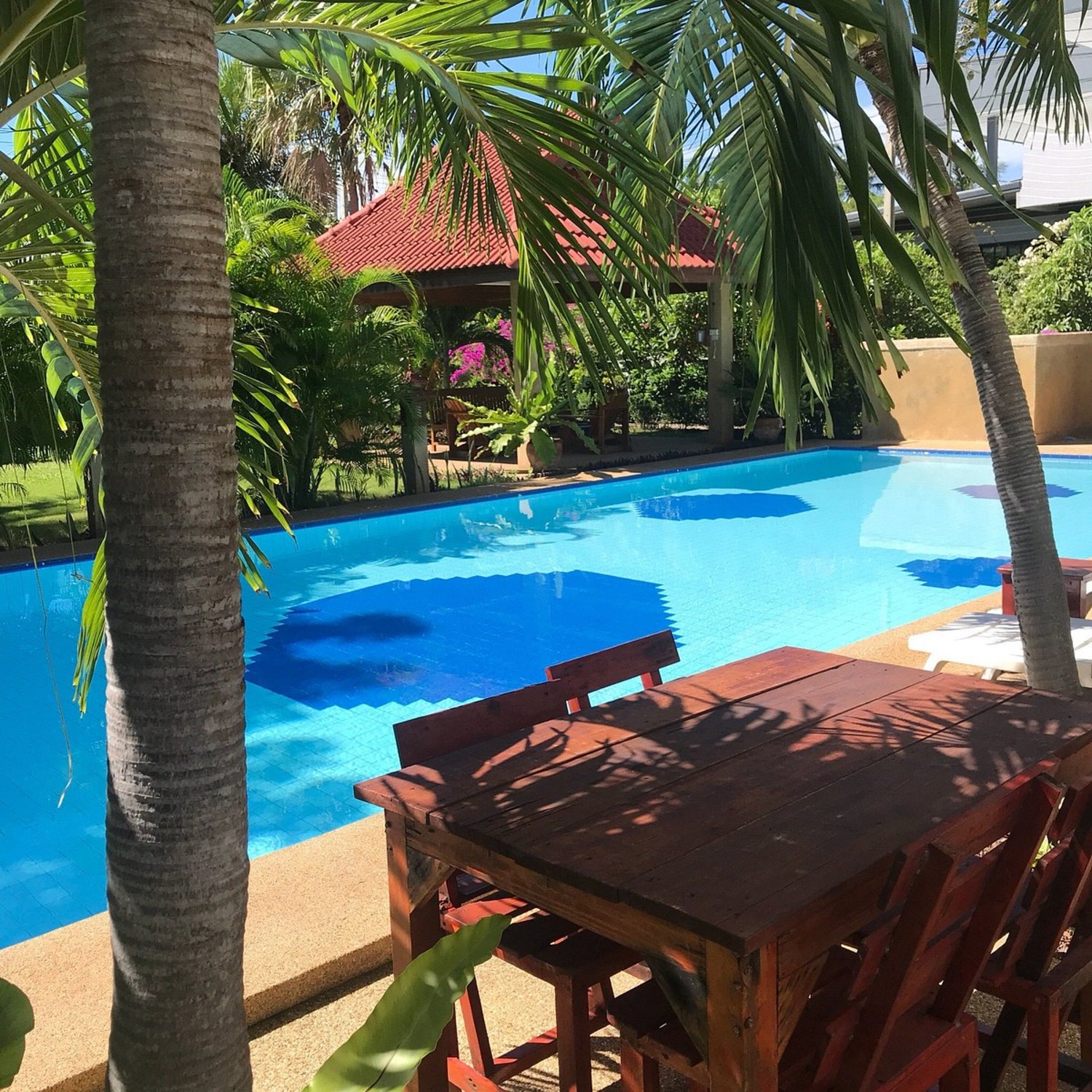 สระว่ายน้ำกลางแจ้งของ Lyndale Lodge ท่ามกลางทิวมะพร้าว พร้อมศาลาพักร่มและโต๊ะไม้ริมสระ